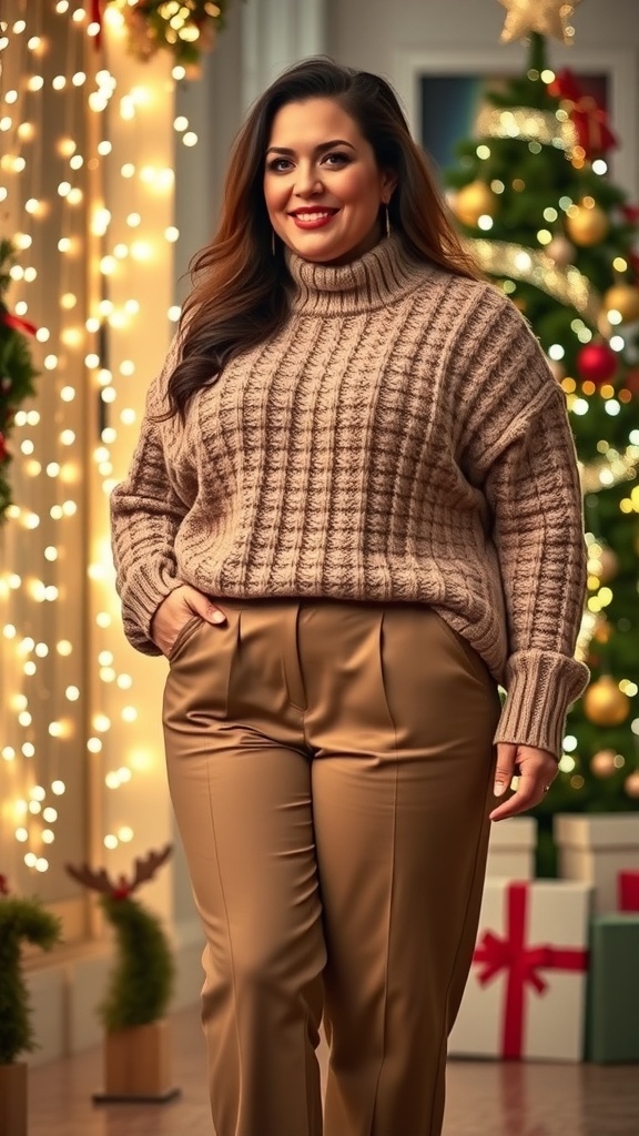 Plus-size woman in a festive winter outfit with Christmas decorations.